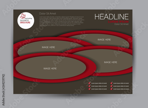 Brown and red landscape wide flyer or brochure template. Billboard abstract background design. Business, education, presentation, advertisement concept. Vector illustration.