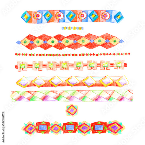 Stripes of multicolored ethnic ornaments hand-drawn with colored pencils with rhombuses and chains, isolated on white background objects.