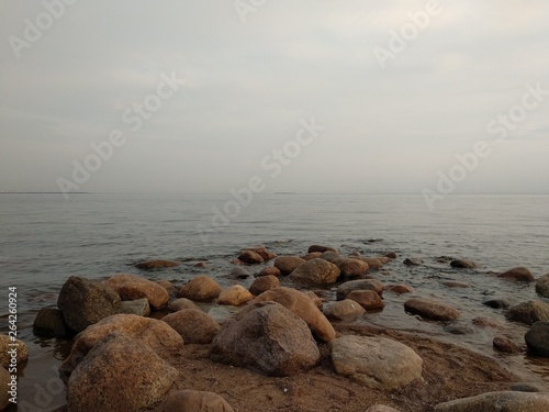 beach in cloudy weather strewn with stones photo