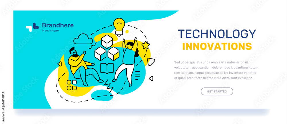 Technology innovation concept with text. Vector business template with illustration of people with yellow light bulb, book on blue background.