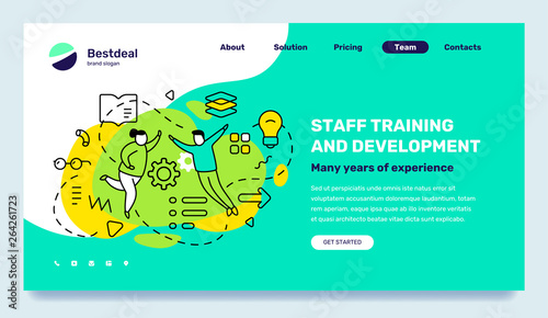 Vector business template with illustration of people with light bulb, book on green background. Staff training and development concept with text.
