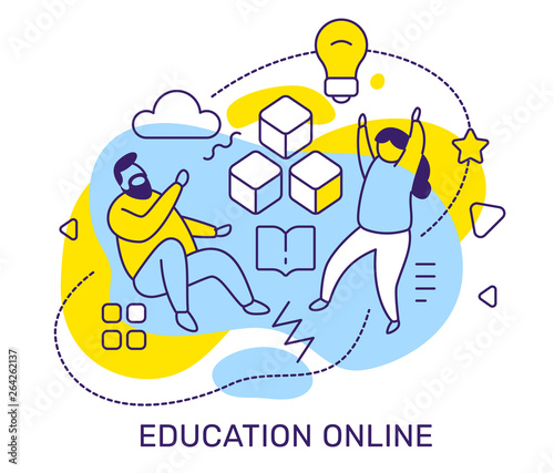 Vector business illustration of people with light bulb, abstract element on blue background. Education online concept with man, woman, text.