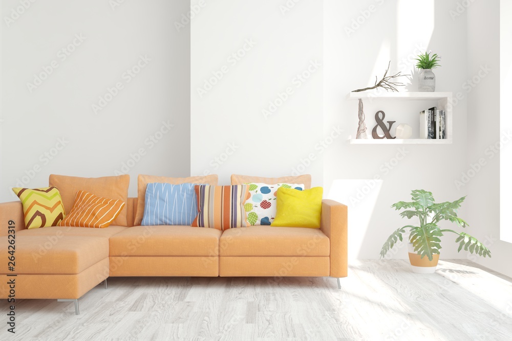 Obraz premium Stylish room in white color with sofa. Scandinavian interior design. 3D illustration