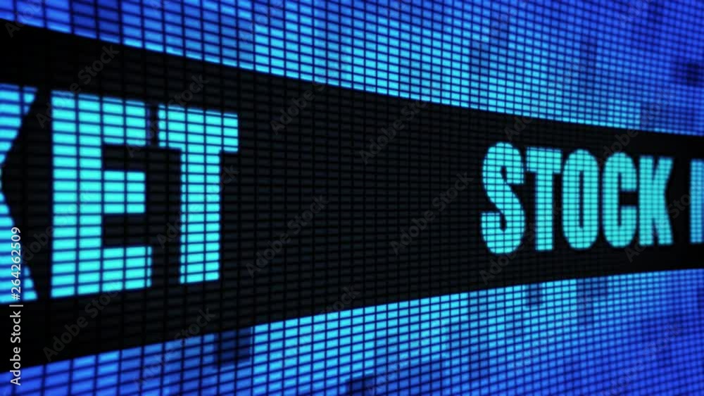 Stock Market Side Text scrolling on Light Blue Digital LED Display Board Pixel Light Screen Looped Animation 4K background. Sign Board , Blinking Light, Pixel Monitor, LED Wall Pannel
