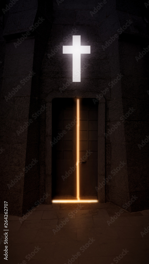 Naklejka premium Church with light cross and old glowing door