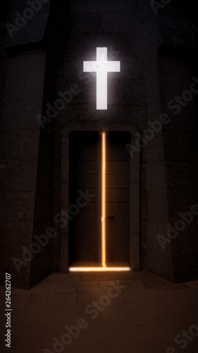 Church with light cross and old glowing door