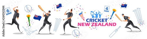 illustration of Player batsman and bowler of Team New Zealand playing cricket championship sports
