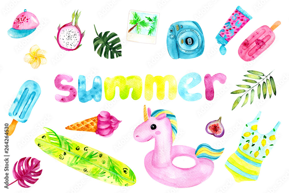 Bright watercolor summer seamless set. Summer pattern with a unicorn rubber ring, camera, swimsuit, baseball cap, monstera leaf. Fashionable pattern for the summer, bright colors. Bright watercolor summer seamless set. Summer pattern with a unicorn rubber ring, camera, swimsuit, baseball cap, monstera leaf. Fashionable pattern for the summer, bright colors.