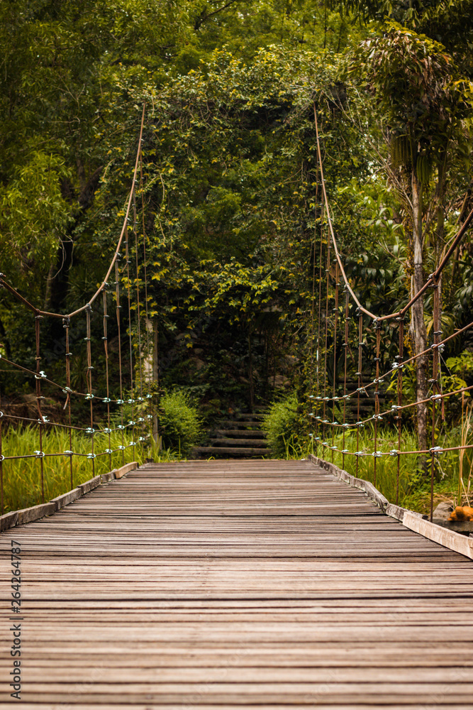 Fototapeta premium Bridge sling wooden floor, the bridge using a sling attached to the pole both sides and Use lath do the floor walkway is located In the midst of nature.