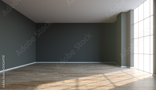 Interior background, room with a dark walls, sun light and wood floor, 3D illustration.