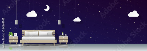 Modern bedroom with night sky wallpaper background , vector , illustration