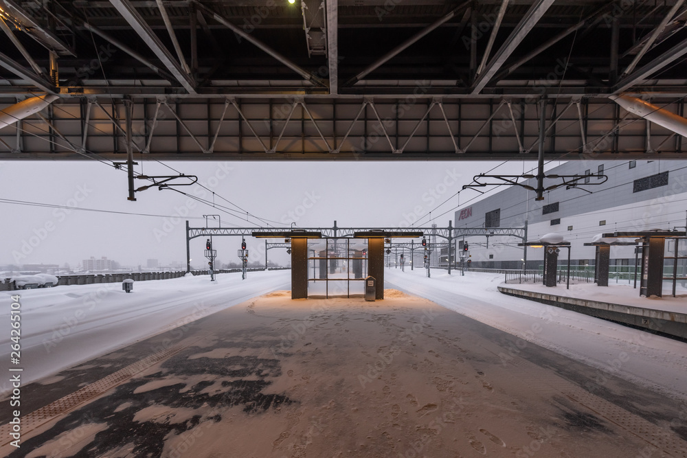 Empty railway and platform covered with white snow