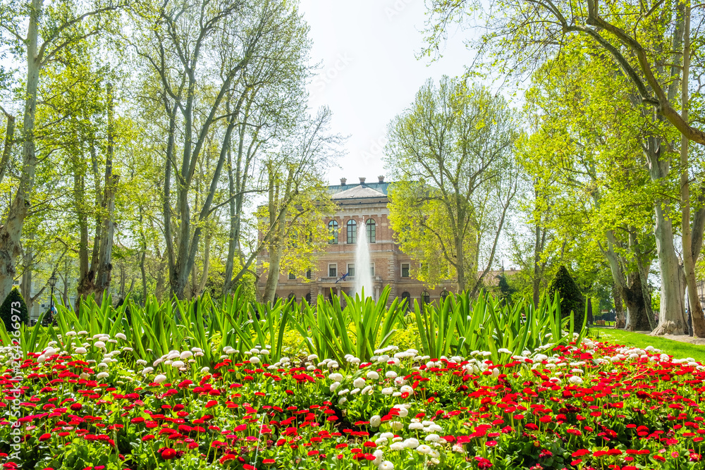 Zagreb, Croatia, park Zrinjevac and academy of science and arts palace in background, beautiful spring day, popular tourist destination Zagreb, Croatia, park Zrinjevac and academy of science and arts palace in background, beautiful spring day, popular tourist destination