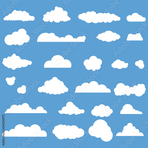 Set of cartoon clouds on blue. Vector