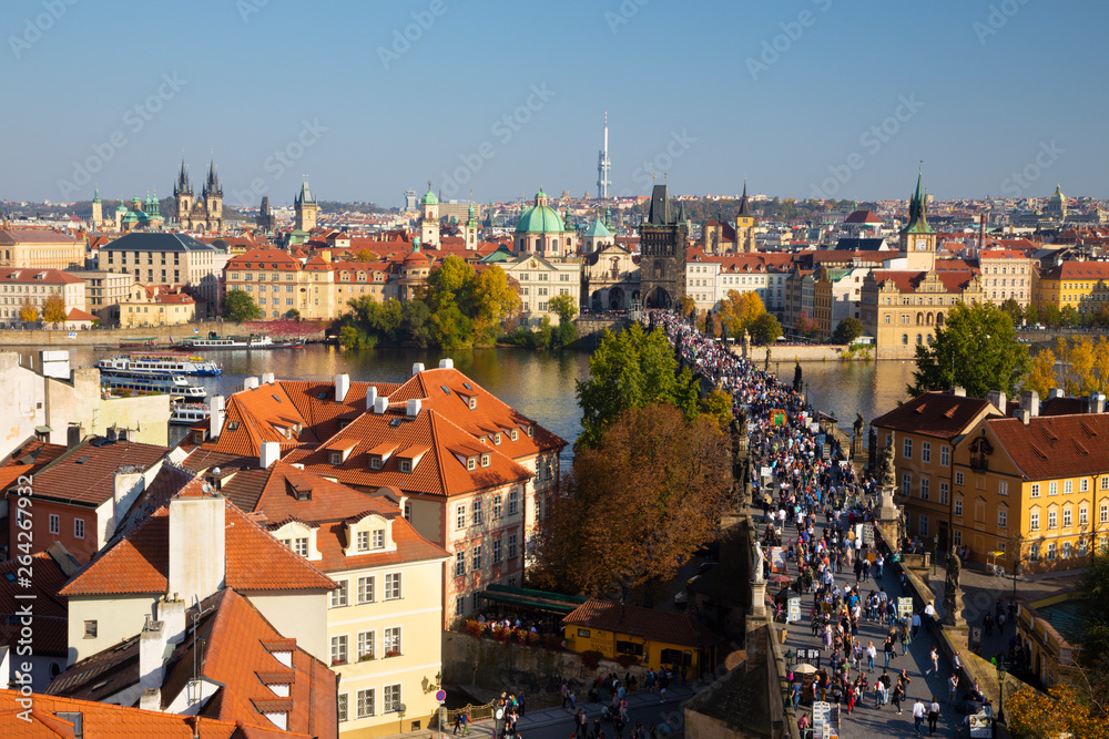 Prague - The of the city with the Charles bridge and the Old Town  in evening light..