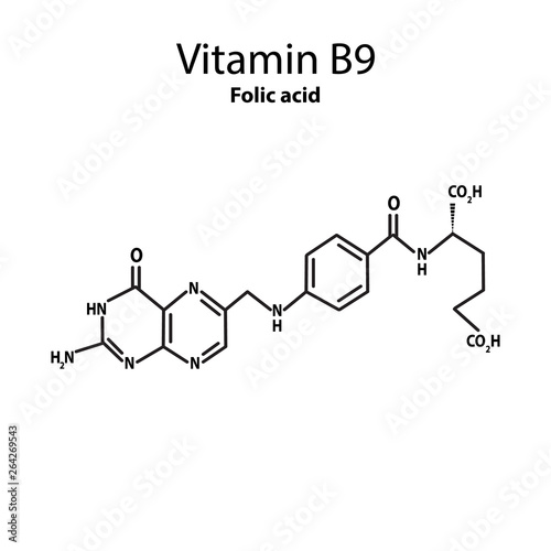 Vitamin B9. Folic acid Molecular chemical formula. Infographics. Vector illustration on isolated background.