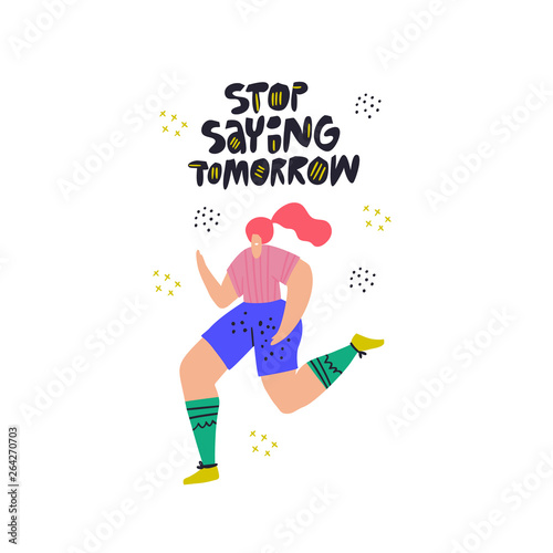 Sportswoman jogging flat hand drawn illustration