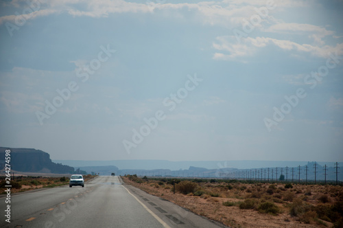 Straight road with telegraph poles in some distance in USA