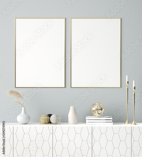 Mock up poster frame in home interior background, Scandinavian style, 3D render