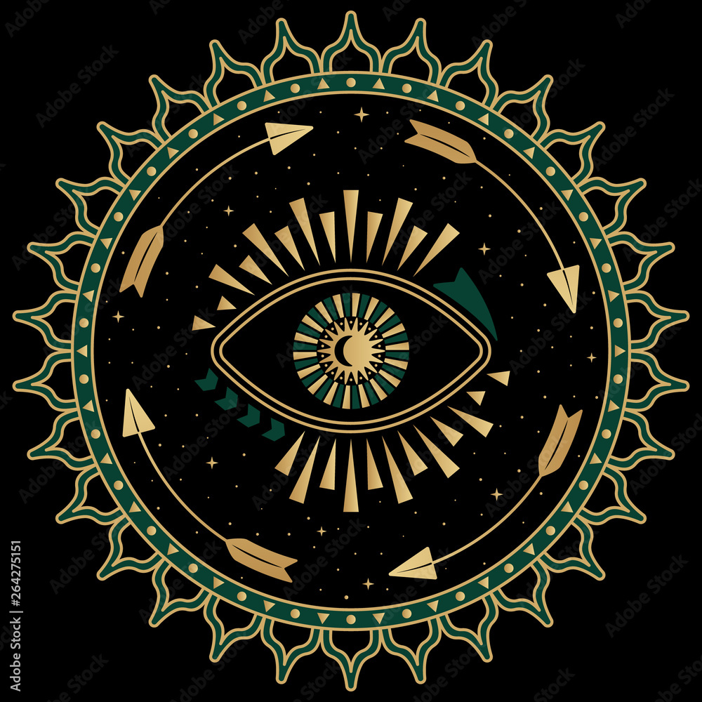 Mystic eye symbol folk illustration. Art deco print with gold and green