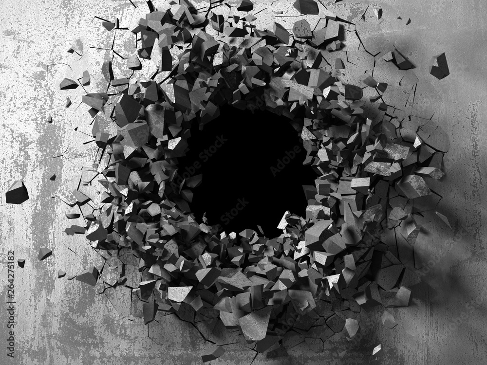 Fototapeta Dark cracked broken hole in concrete wall