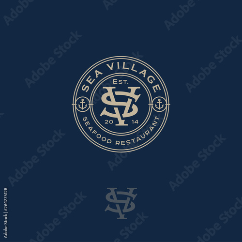 S and V monogram. Sea Village - seafood restaurant. S and V are intertwined letters in a circle on a blue background.