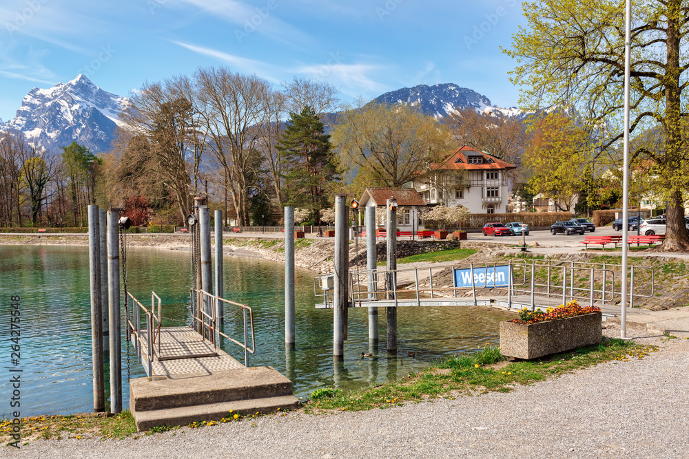 View of the Weesen ferry station on Walensee lake. Weesen, Switzerland.