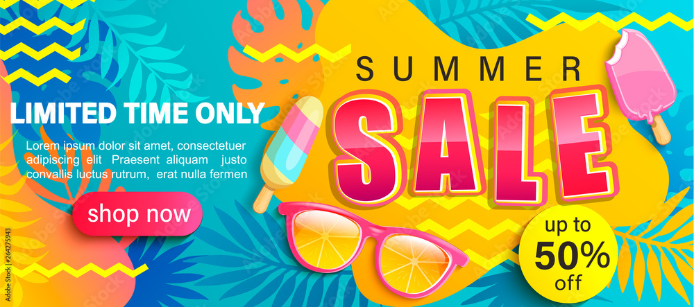 Fototapeta premium Summer Sale bright poster, hot season discount banner with tropical leaves,ice cream, sunglasses.Invitation for online shopping with 50 percent price off, special offer card,template for design.Vector