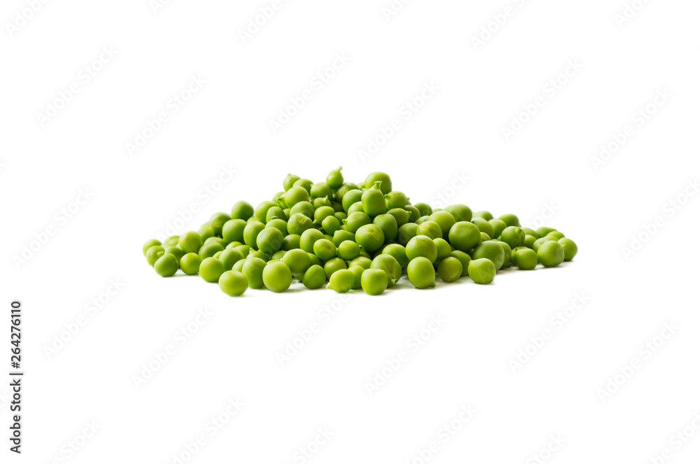 Green peas isolated on a white background. Vegetables with copy space for text. Studio photo. Isolated macro food photo close up from above on white background. Green peas isolated on a white background. Vegetables with copy space for text. Studio photo. Isolated macro food photo close up from above on white background.