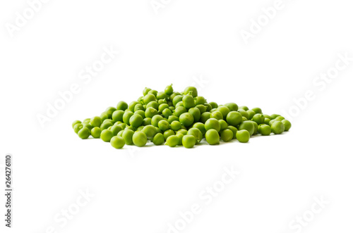 Green peas isolated on a white background. Vegetables with copy space for text. Studio photo. Isolated macro food photo close up from above on white background.