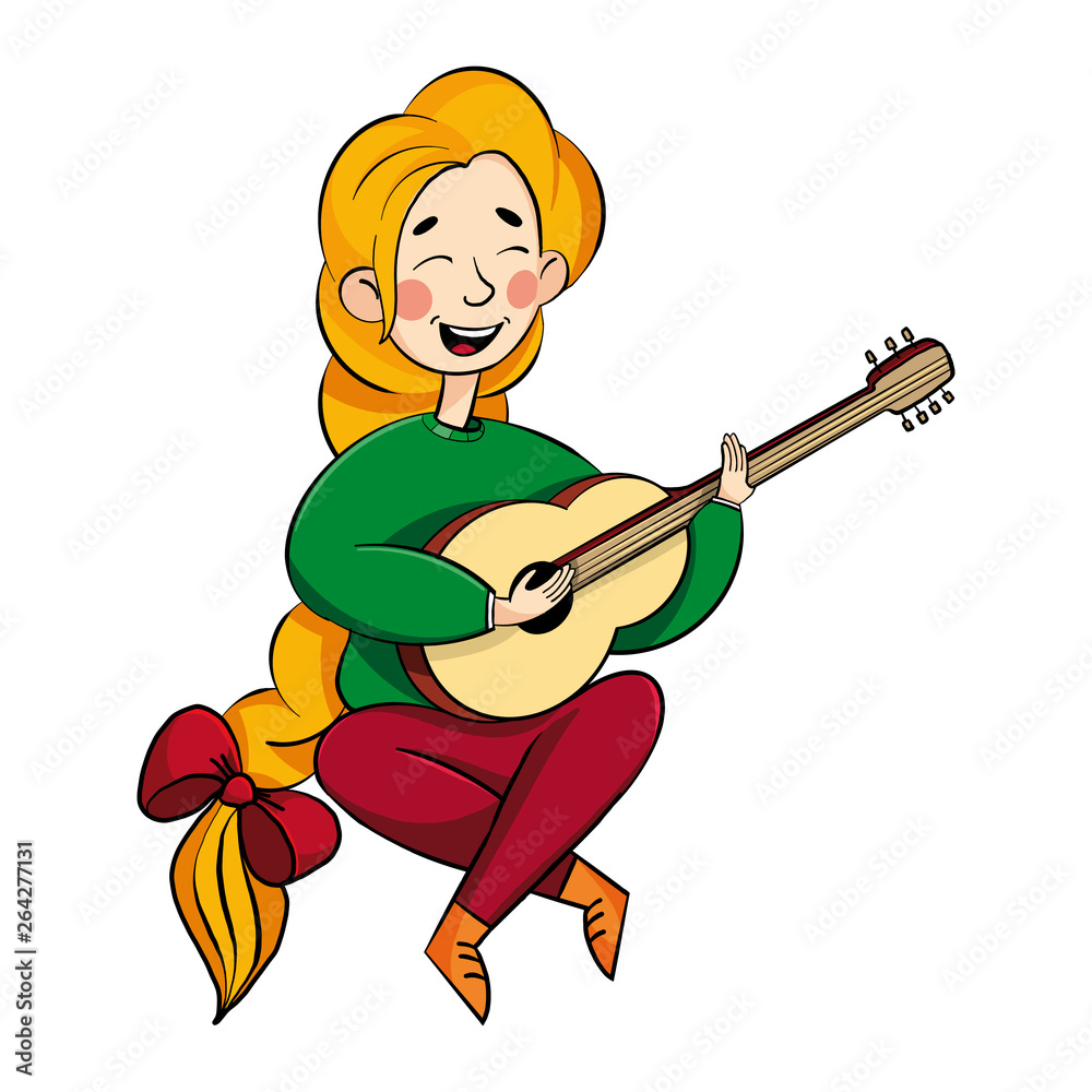 girl with a beautiful hairstyle plays the guitar, sings songs. White background