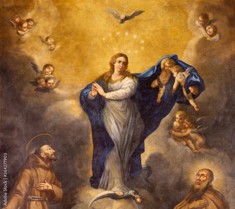 PALMA DE MALLORCA, SPAIN - JANUARY 29, 2019: The painting of Immaculate Conception in the Capuchin church by Joan Muntaner Cladera (1744-1802).