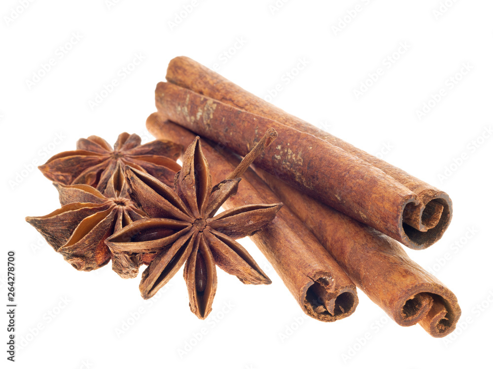 spices, star anise and cinnamon sticks, isolated white background spices, star anise and cinnamon sticks, isolated white background