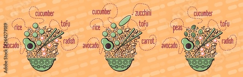 Vector menu of vegetarian poke bowl on wooden background. Illustrations of a lunch of Hawaiian cuisine with lettering. Tofu, cucumber, radish, avocado, soy sauce, carrots, rice, zucchini, peas.