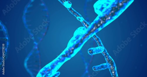 Abstract glittering DNA double helix with depth of field. Animation of DNA construction from debrises. Science animation. Genom futuristic footage. Conceptual design of genetics information. 4k photo