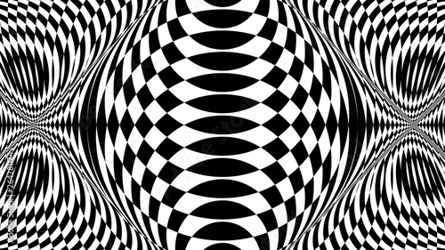 Black and white glitch background. Hypnotic trance texture. Op art monochrome kaleidoscope. Psychedelic illusive abstraction.
