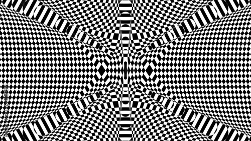 Black and white glitch background. Hypnotic trance texture. Op art monochrome kaleidoscope. Psychedelic illusive abstraction.