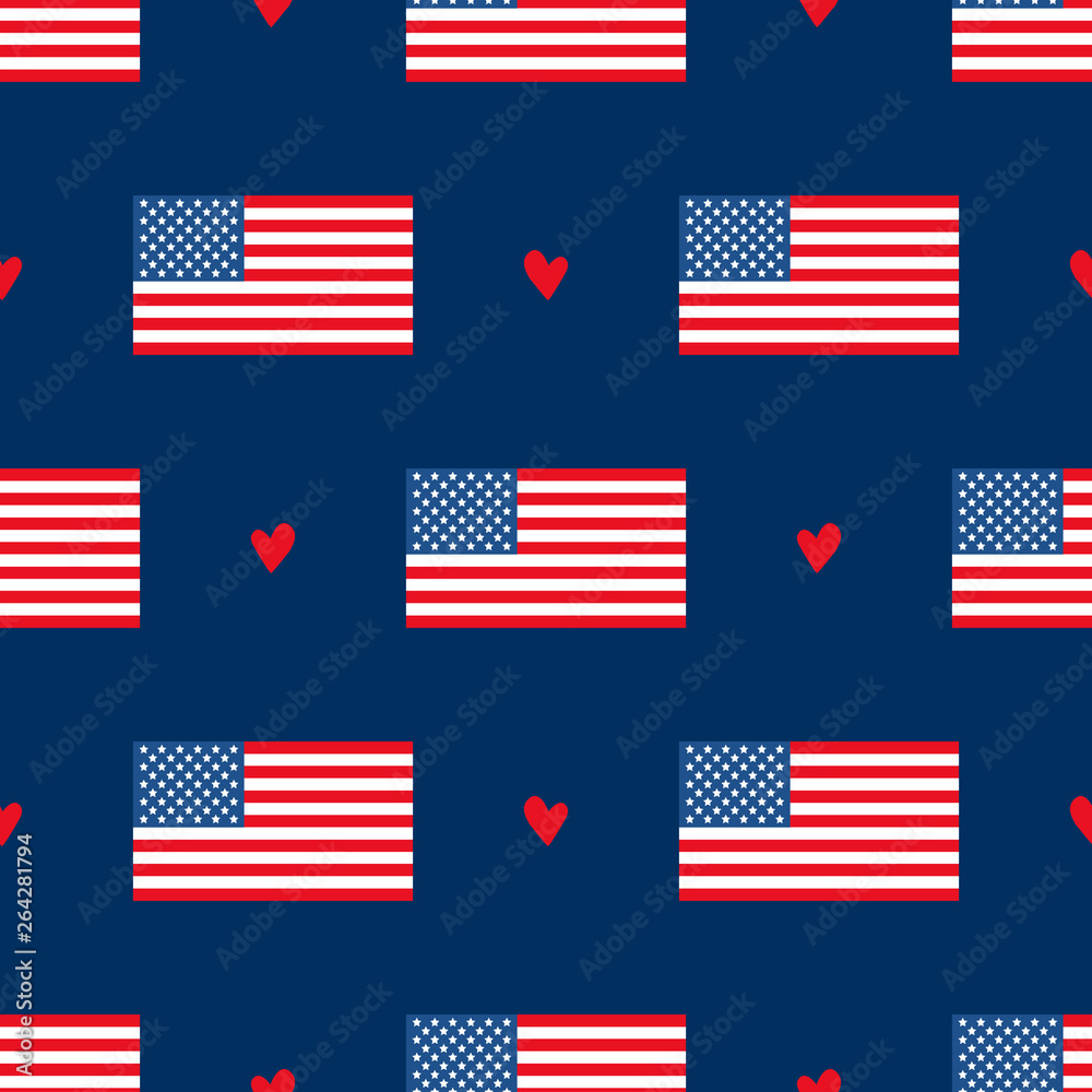 USA flags and hearts vector seamless pattern background for national american holidays design. USA flags and hearts vector seamless pattern background for national american holidays design.