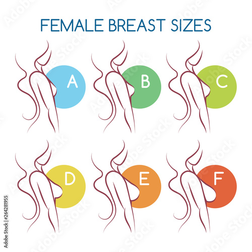 Set of silhouettes icons of various female breast size, body side view. Sizes of busts from small to large.