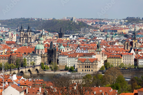 Spring Prague City with Charles Bridge and green Nature with flowering Trees, Czech Republic