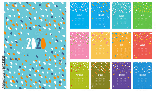 Simple Colorful English Vector Calendar. 2020 Year. Multicolor Monthly Simple Business Calendar 2020. Abstract Infantile Style Hand Drawn Design and Handwritten Numbers. Each Month as a Seperate Page.