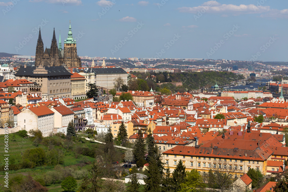 Obraz premium Spring Prague City with gothic Castle and the green Nature and flowering Trees, Czech Republic