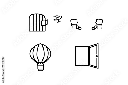 Vector icon set. Freedom of a bird from a cage, hands in broken chains, balloon, open door