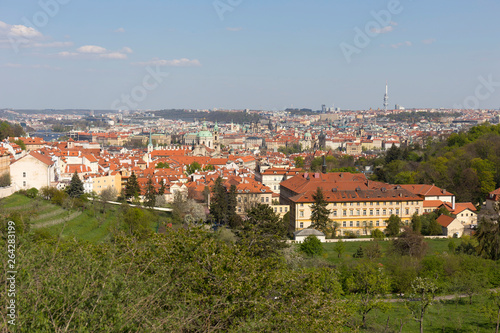 Spring Prague City with St. Nicholas' Cathedral and the green Nature and flowering Trees, Czech Republic