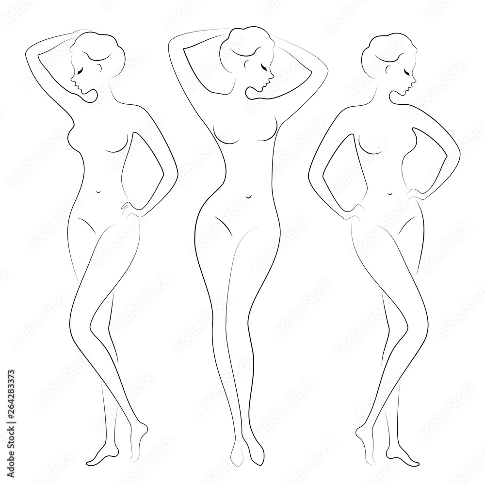 Collection. Silhouette of a cute lady, she stands and walks. The girl has a beautiful nude figure. Woman - young sexy and slim model. Set of vector illustrations