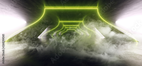 Smoke Fog Abstract Neon Light Retro Futuristic Sci Fi Alien Space Ship Club Stage Glowing Green Fluorescent Laser Lights In Grunge Concrete Underground Corridor Tunnel Hallway Entrance 3D Rendering