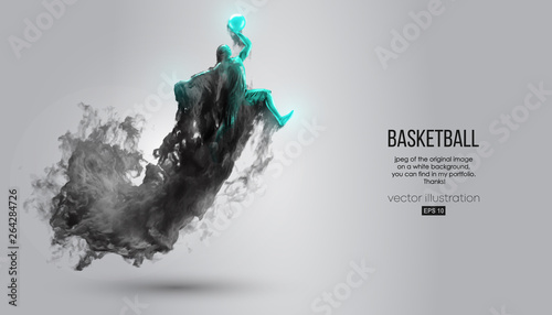 Abstract silhouette of a basketball player on white background from dark dust, smoke, steam. Basketball player jumping and performs slam dunk. Vector illustration
