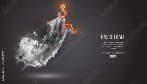 Abstract silhouette of a basketball player on dark black background from dust, smoke, steam. Basketball player jumping and performs slam dunk. Vector illustration