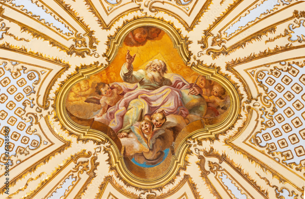 CATANIA, ITALY - APRIL 7, 2018: The ceiling fresco of God the Father in baroque church Chiesa di San Placido by G. B. Piparo (18. cen.)