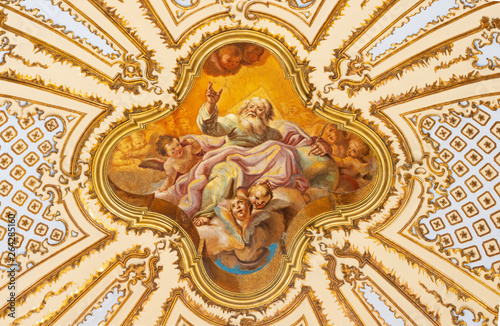 CATANIA  ITALY - APRIL 7  2018  The ceiling fresco of God the Father in baroque church Chiesa di San Placido by G. B. Piparo  18. cen. 